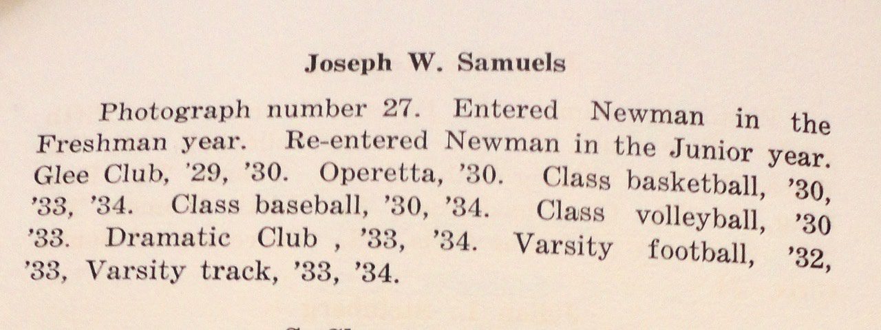 Joe Samuels, Newman activities, Pioneer 1934
